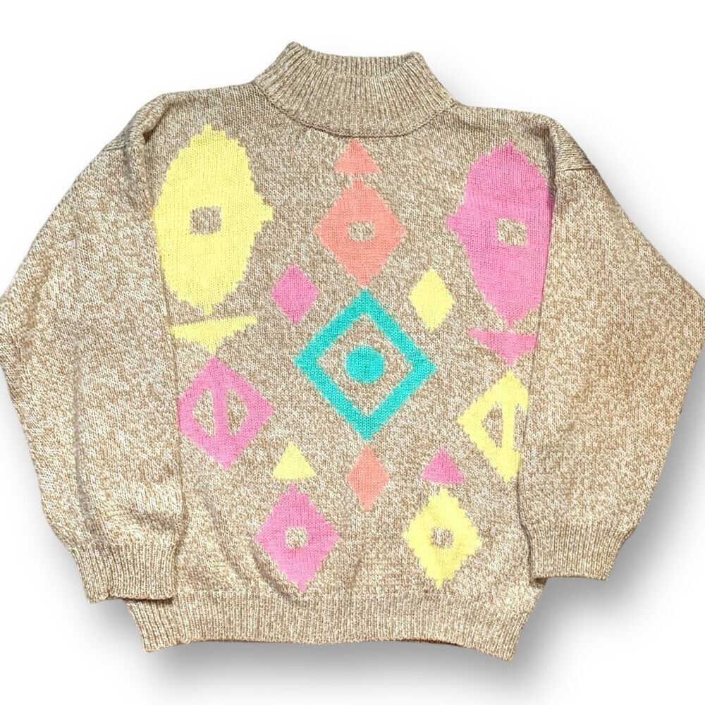 Vintage 90s Sweater Geometric Multicolor Cropped Yellow Neutral Pullover Knit